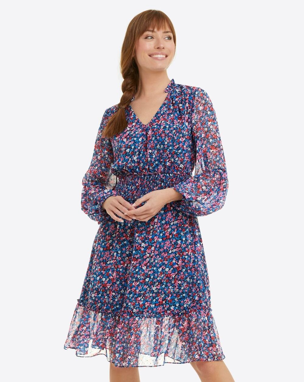 Draper James Blue Spring Ditsy Floral V-Neck Smocked Waist Shirtdress Size S